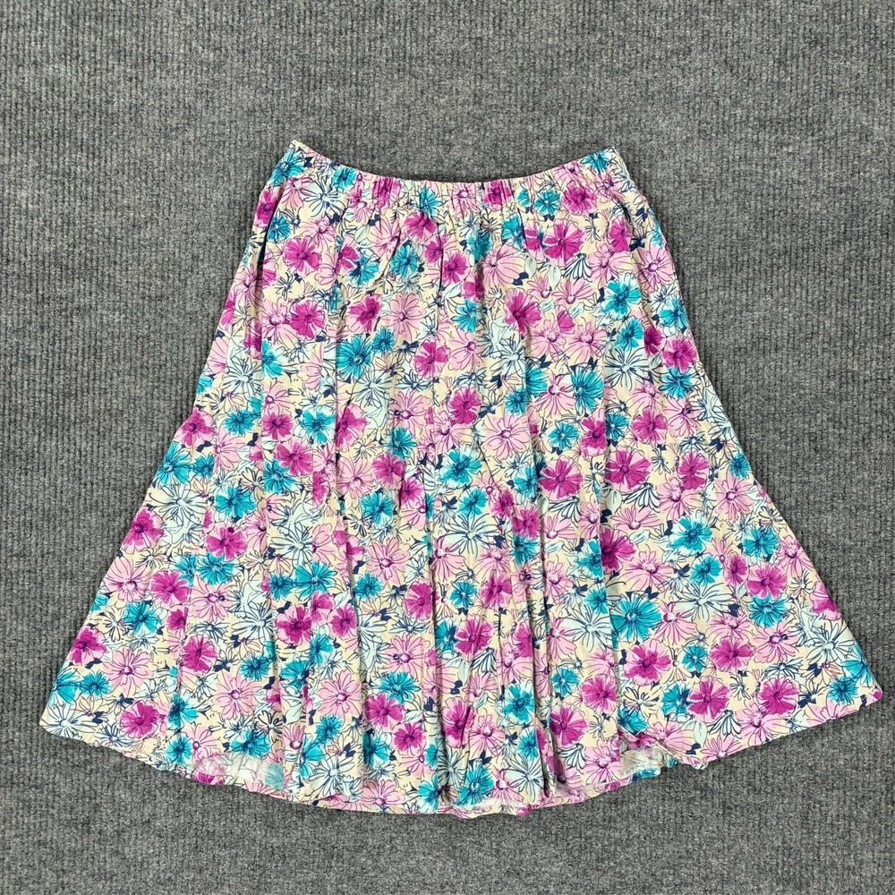 Women Floral Linen Rayon Pull On Midi Skirt 1X Pink Blue Cottagecore Boho